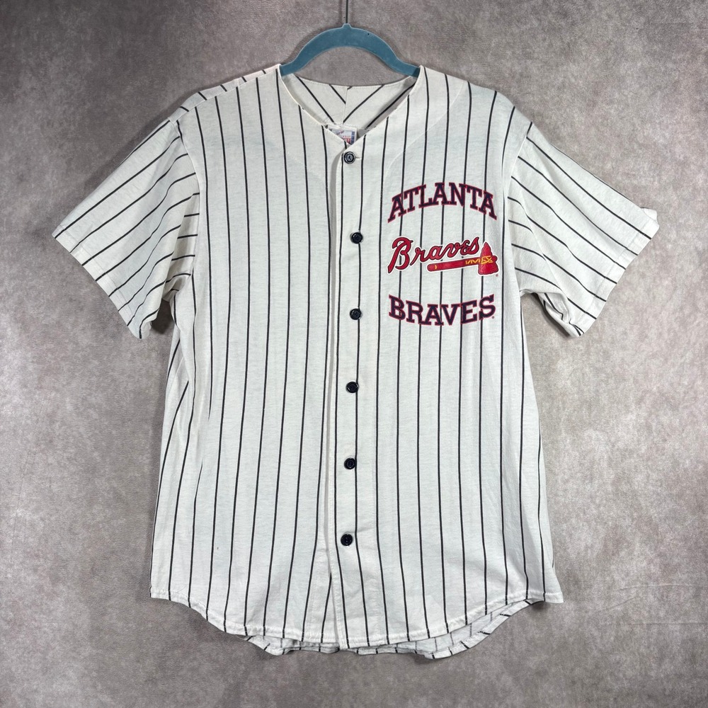 Vintage Atlanta Braves Off The Bench Baseball Jersey Mens M White Pinstripe USA